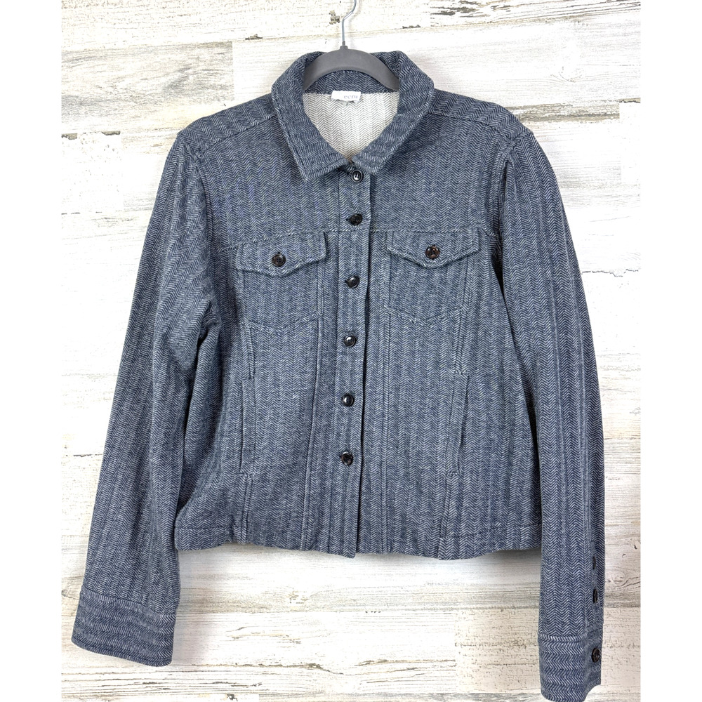 ECRU Womens XL Blue Gray Cotton Knit Chevron Button Up Cropped Jacket